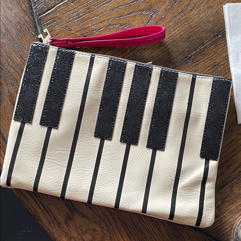 Betsey Johnson Black and Cream Piano Clutch with Pink Wristlet